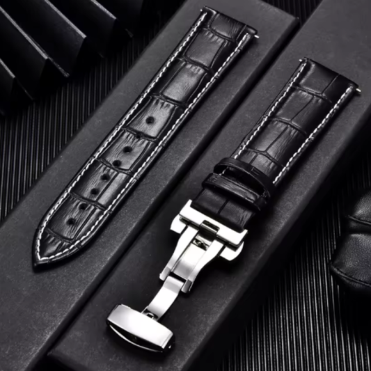 Bracelets de Montre en Cuir de Remplacement d'Affaires, 18mm, 20mm, 22mm, 24mm, avec Boucle Papillon